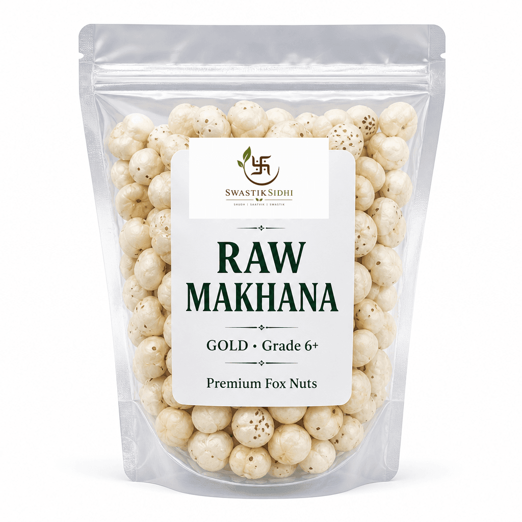 Buy raw makhana online — Swastik Sidhi Gold Grade fox nuts in transparent zipper pack