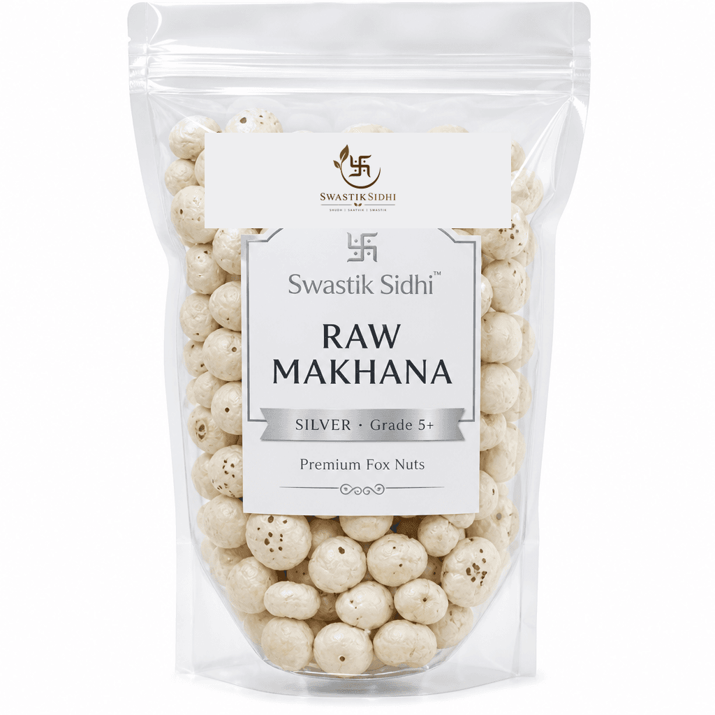 Raw makhana from Bihar — Swastik Sidhi Silver grade fox nuts zipper pack