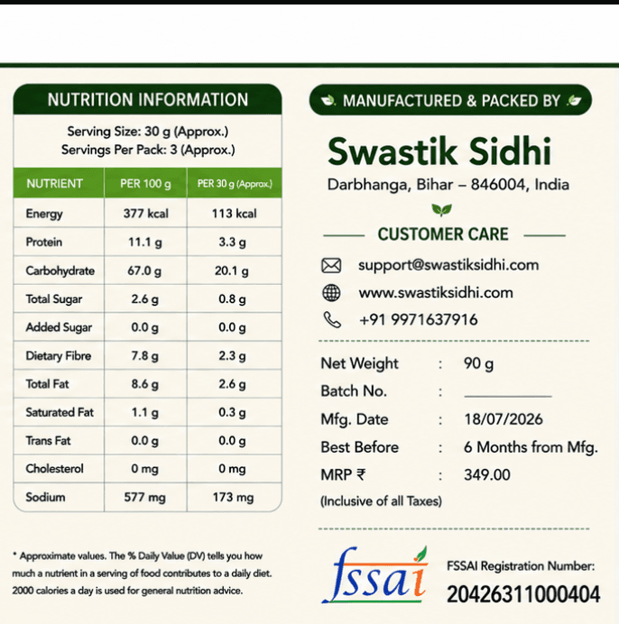 Nutrition facts label for Swastik Sidhi flavored makhana